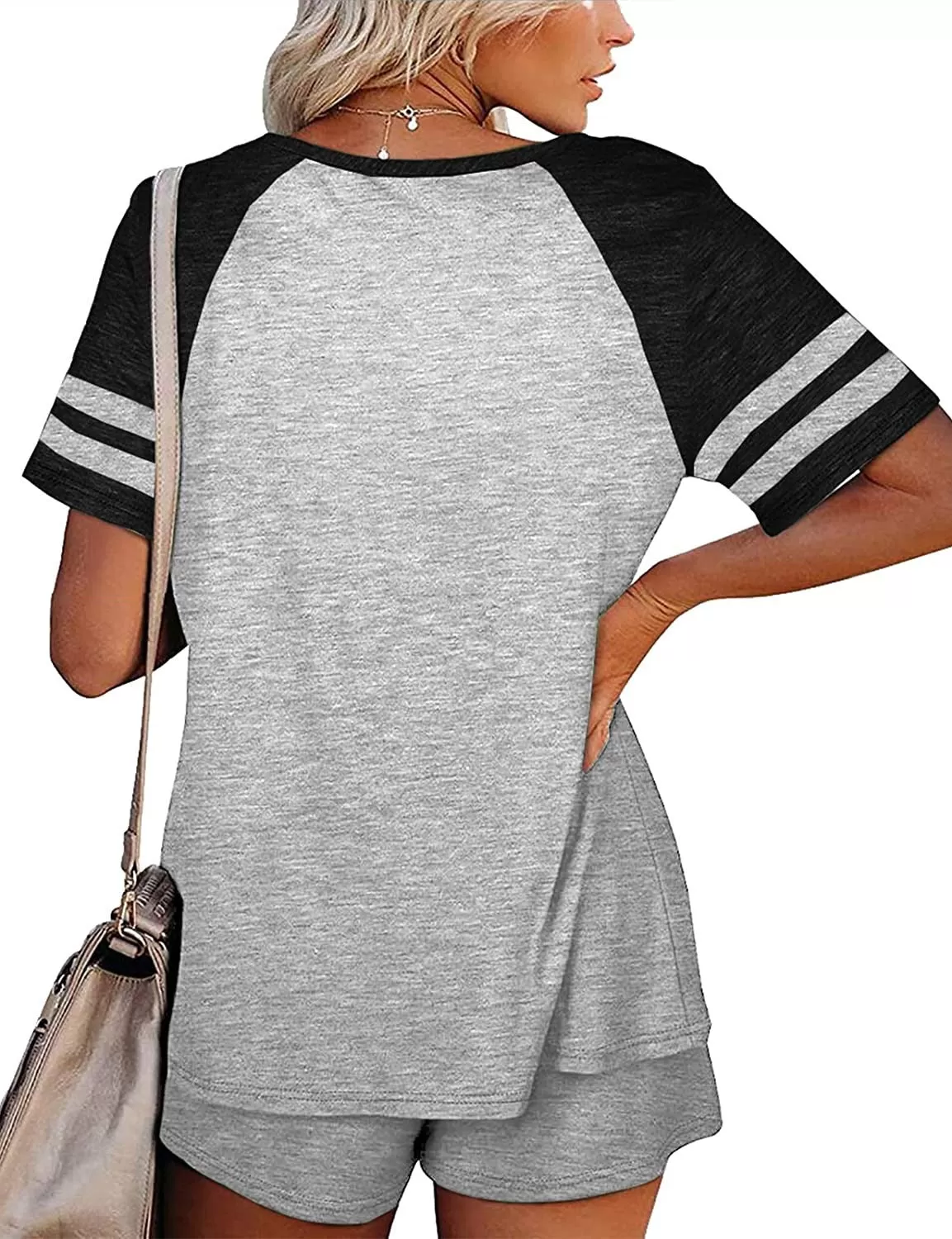 Haute Edition Raglan Contrast Striped Pajama Lounge Short Two Piece Set 